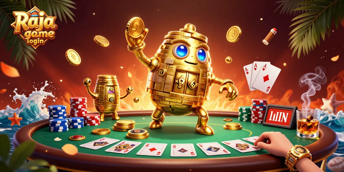 Experience the excitement of Raja game login amidst a vibrant casino realm filled with gold and poker elements.