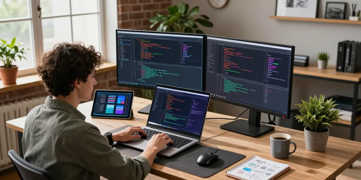 Developer coding in a modern workspace featuring 纸飞机中文版 on dual monitors, showcasing tech productivity.