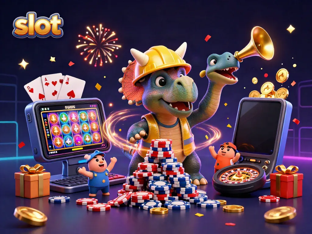Experience thrilling slots as a triceratops and friends celebrate jackpot wins in this vibrant casino scene.