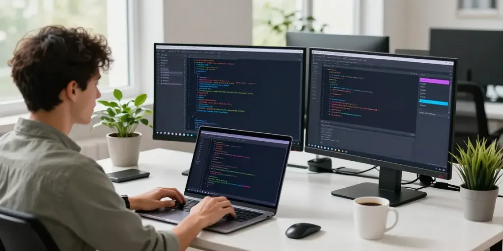 Developer using h5.2113.net for open-source Android apps in a vibrant workspace.