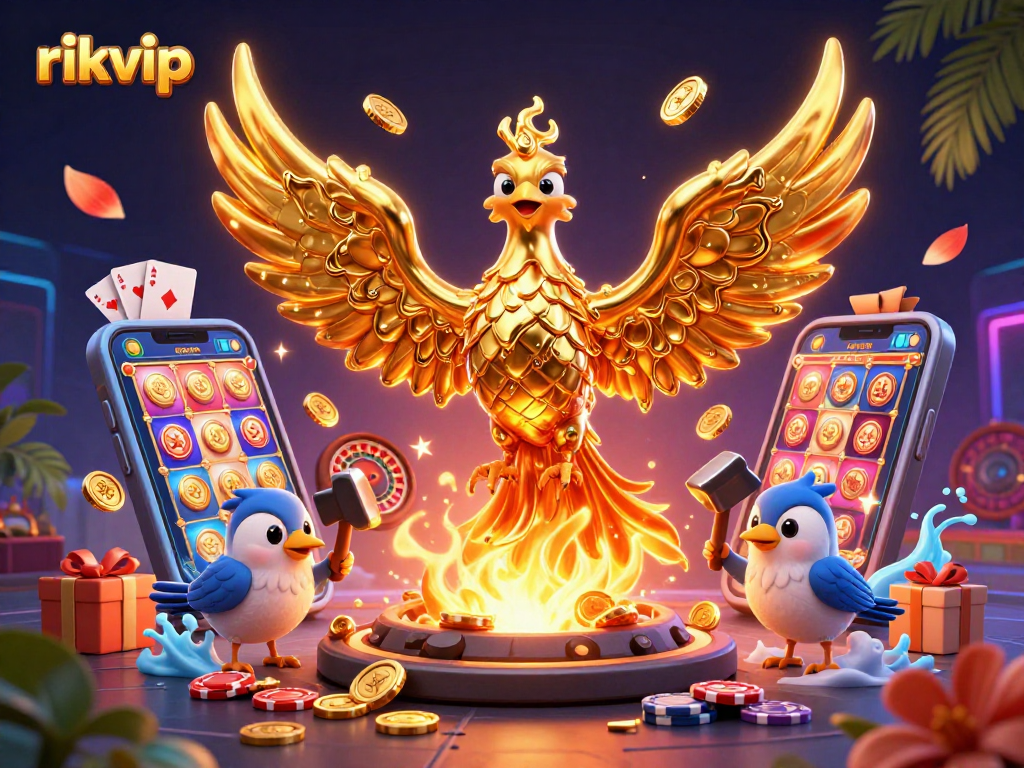 Experience the excitement of rikvip with a golden phoenix and dynamic casino elements illuminating the scene.