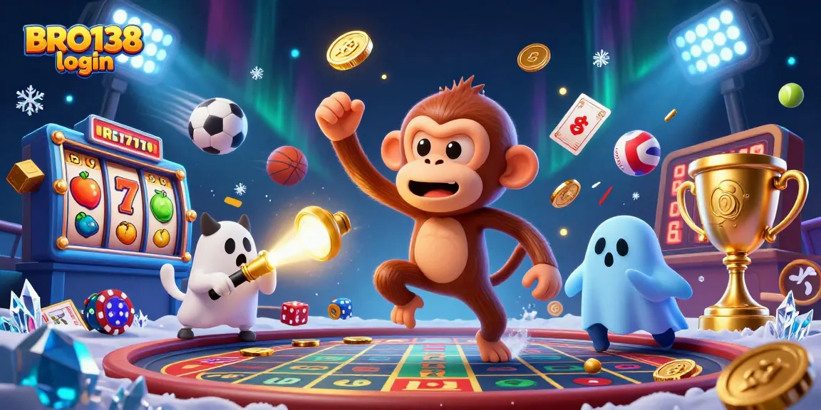 Experience the thrill of BRO138 login with a ghostly monkey juggling jackpot reels amidst golden casino elements.