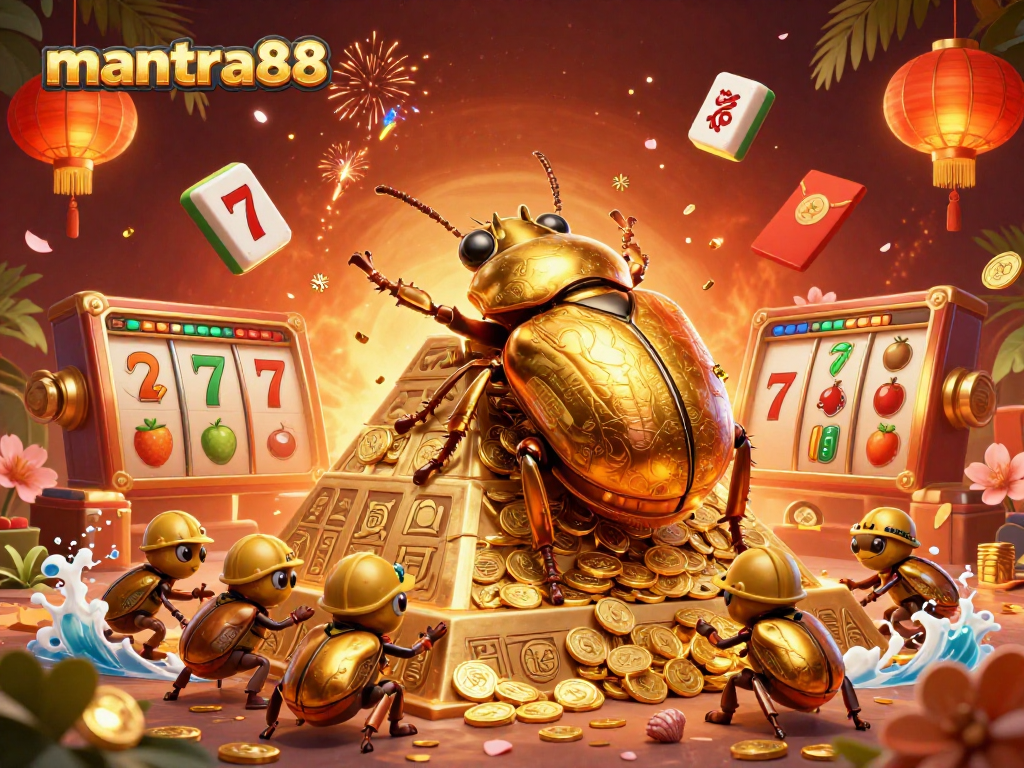Engage with mantra88’s vibrant slot games featuring lucky 7s and golden coins in this dynamic 3D scene.