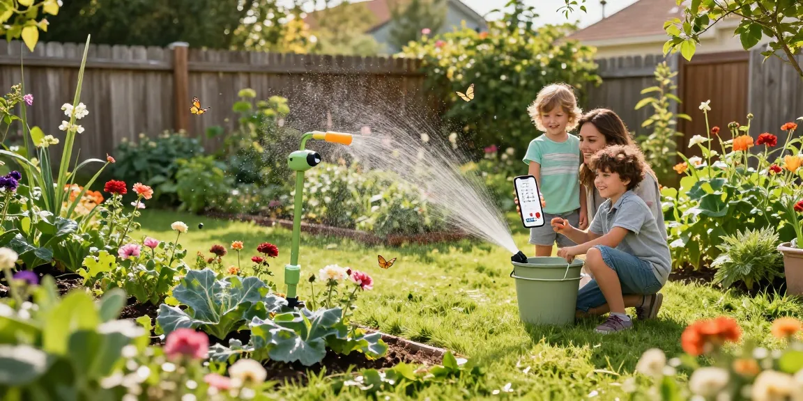 Family setting up rainpoint water timer in a blooming garden.