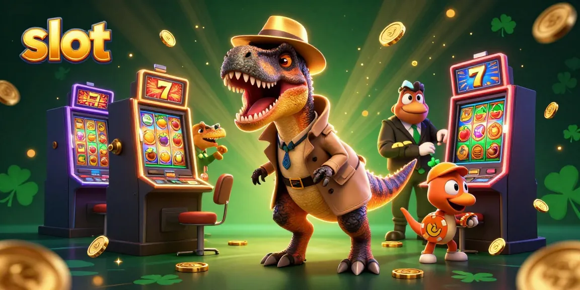 Exciting slot gaming action with a velociraptor card counter and jackpot symbols in a bustling casino scene.