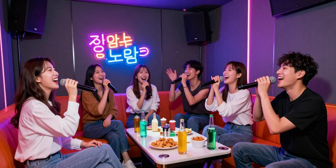 Joyful friends singing at a 강남노래방, surrounded by colorful lights and lively atmosphere.