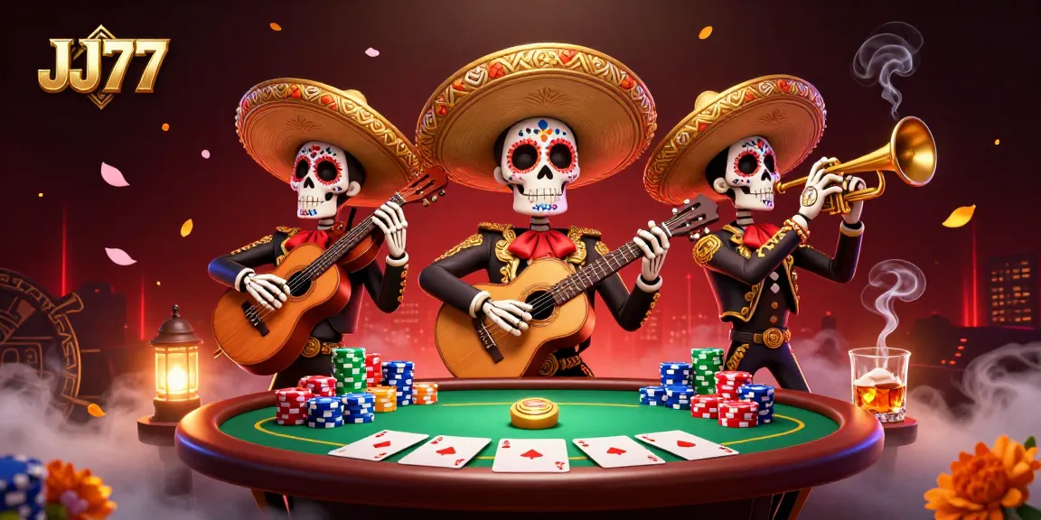 Experience real money play with JJ77 in this colorful casino scene featuring a lively mariachi band.