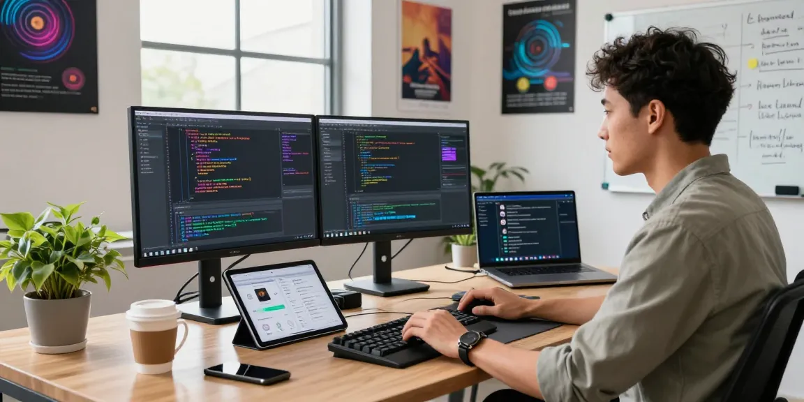 Developer coding in dynamic workspace with 纸飞机中文版 app design on screens