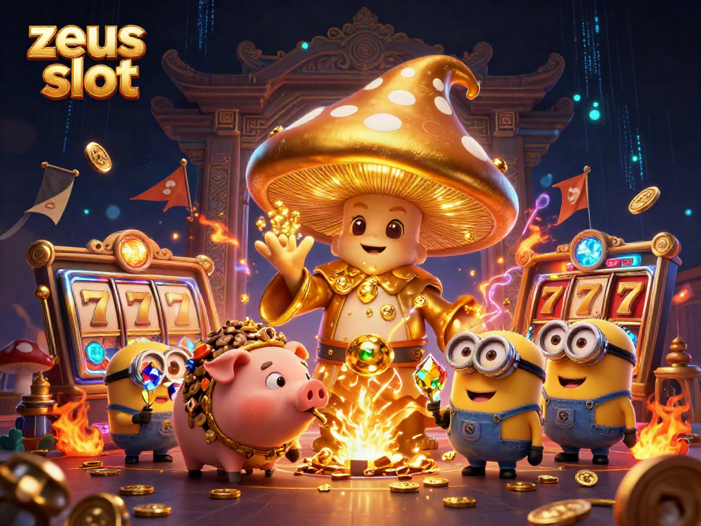 Spin the zeus slot with a mystical golden mushroom wizard unveiling treasures and jackpots.