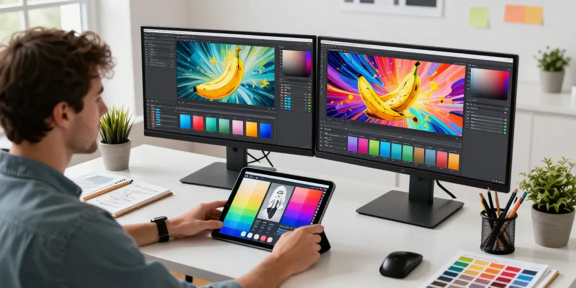 Creative professional using nano banana 2 in a modern editing studio with vibrant images.