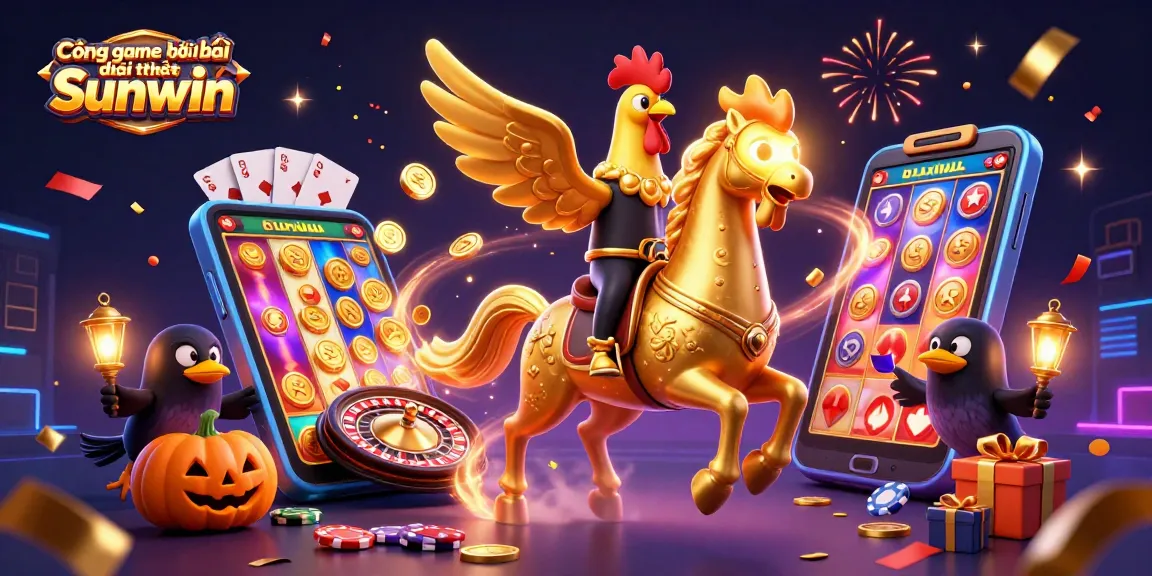 Cổng game bài đổi thưởng Sunwin features a golden rooster on a spectral horse in a vibrant casino scene with slot games and confetti.
