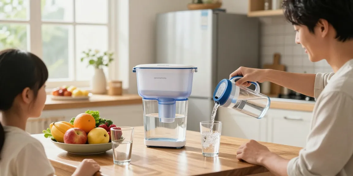 Enjoying Waterdrop Alkaline DA97-17376B Water Filter in a vibrant home kitchen with family.
