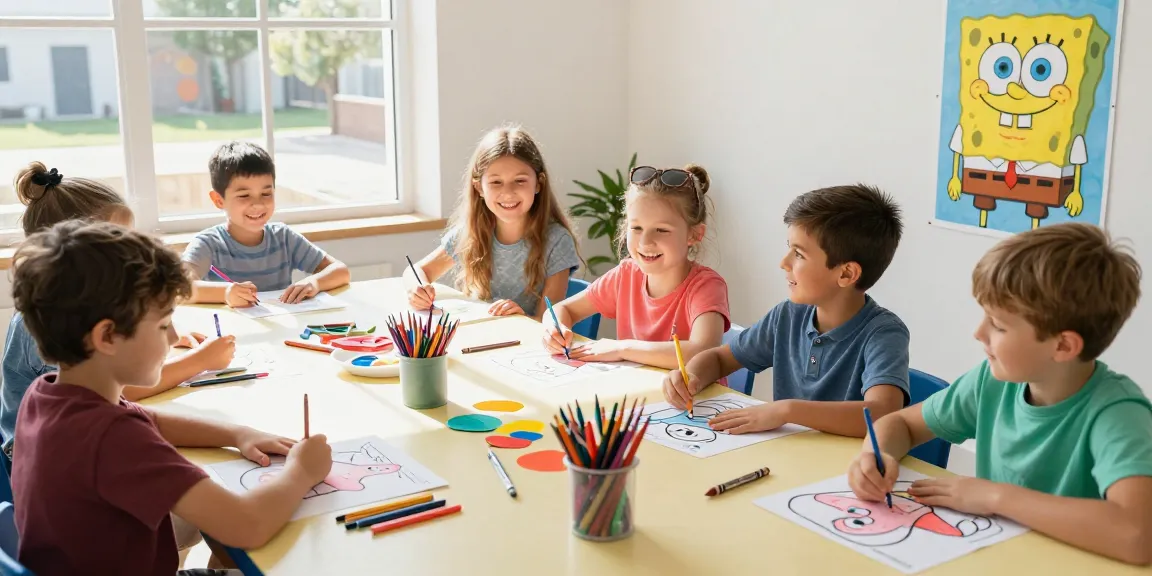 Kids Learn through creative coloring activities using Patrick Star pages in a bright art studio.