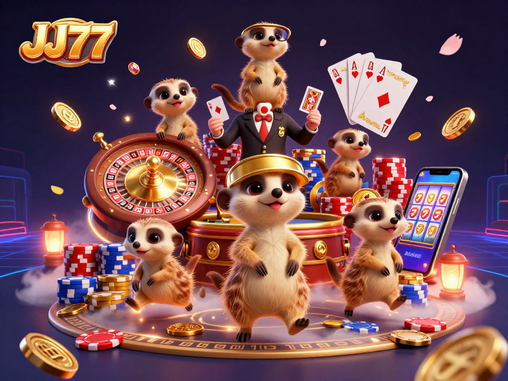 Experience the excitement of JJ77 with meerkats managing casino games, shimmering coins, and vibrant cards.