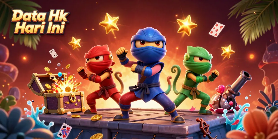 Engage with Data Hk Hari Ini through this vibrant 3D illustration showcasing ninja chameleons and dynamic casino elements.