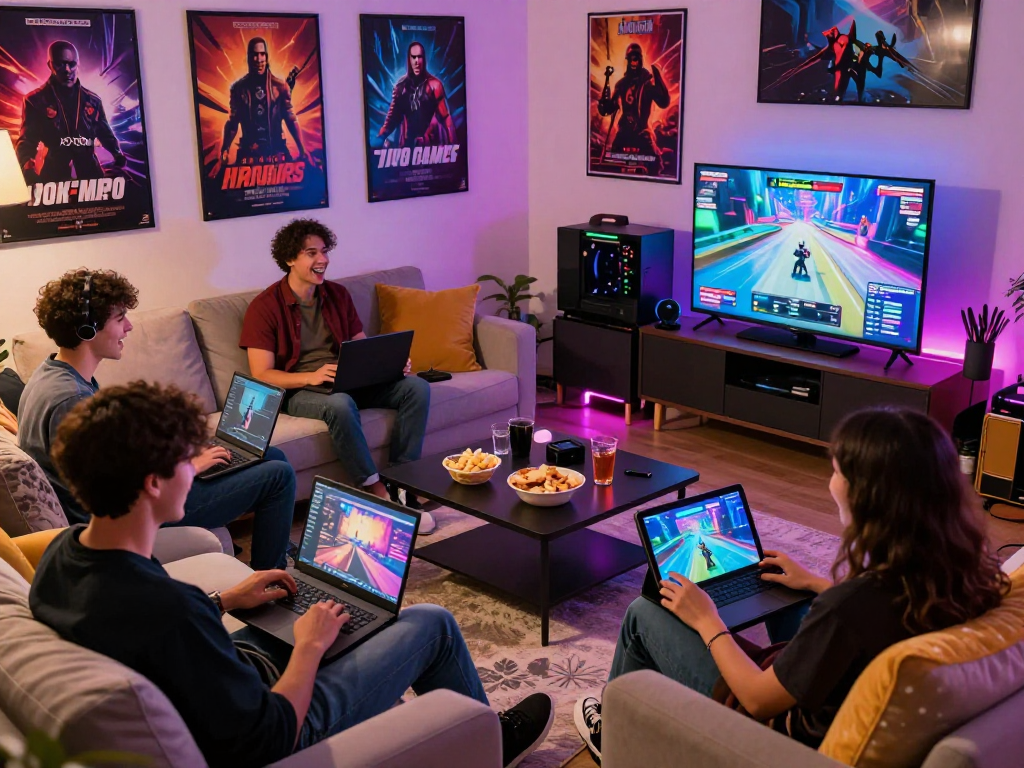 Group of friends enjoying porngames in a cozy living room, engaging with vibrant graphics and snacks.