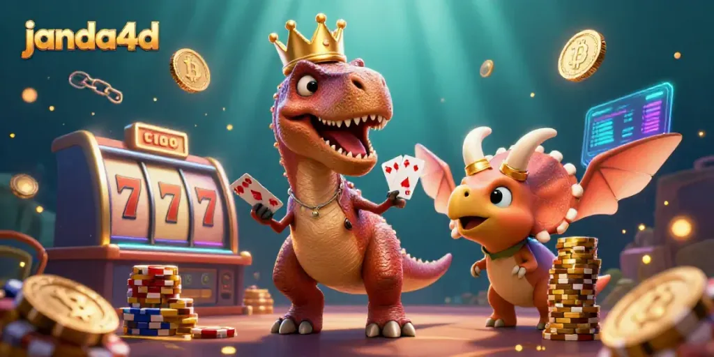Permainan slot janda4d terlihat menarik dengan karakter kartun 3D beruang, menggenggam kartu dan chip emas.