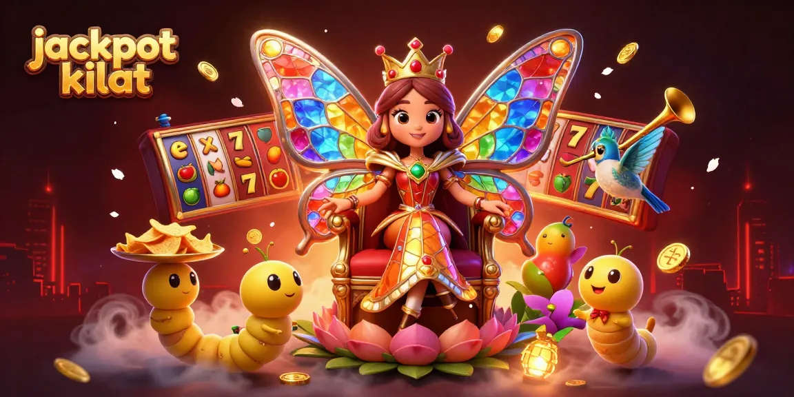 Experience jackpot kilat as the butterfly queen reigns over a vibrant gambling scene filled with slot symbols and chips.
