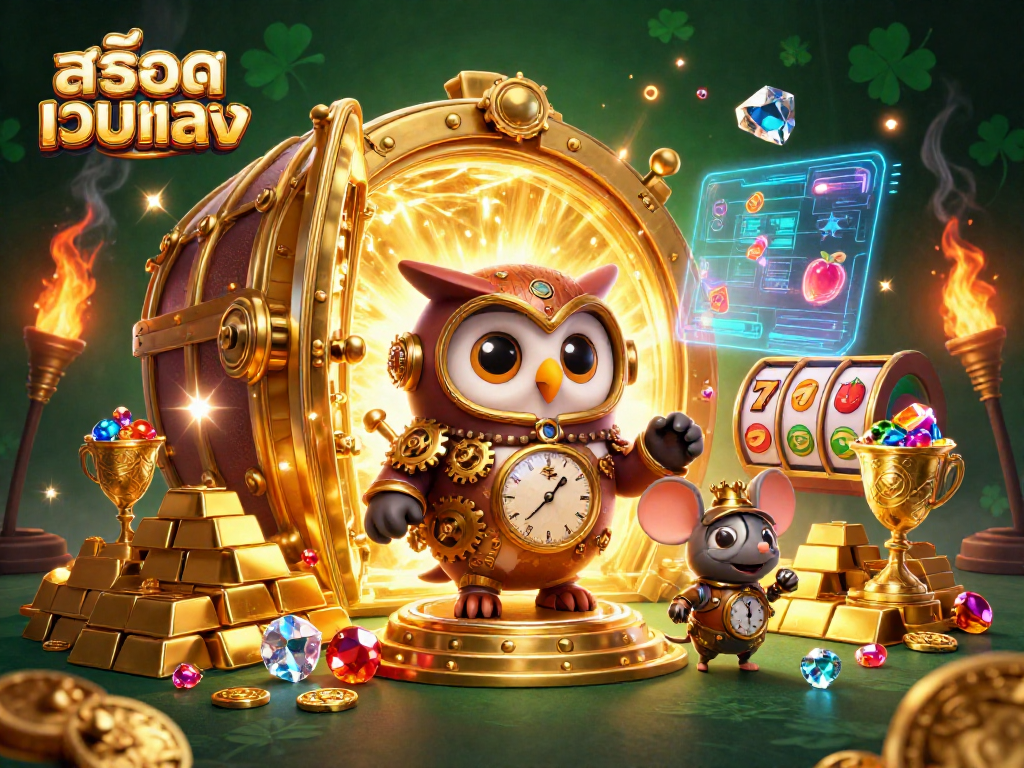 Experience thrilling สล็อตเว็บตรง gameplay with an enchanting illustration of a steampunk owl and casino elements.