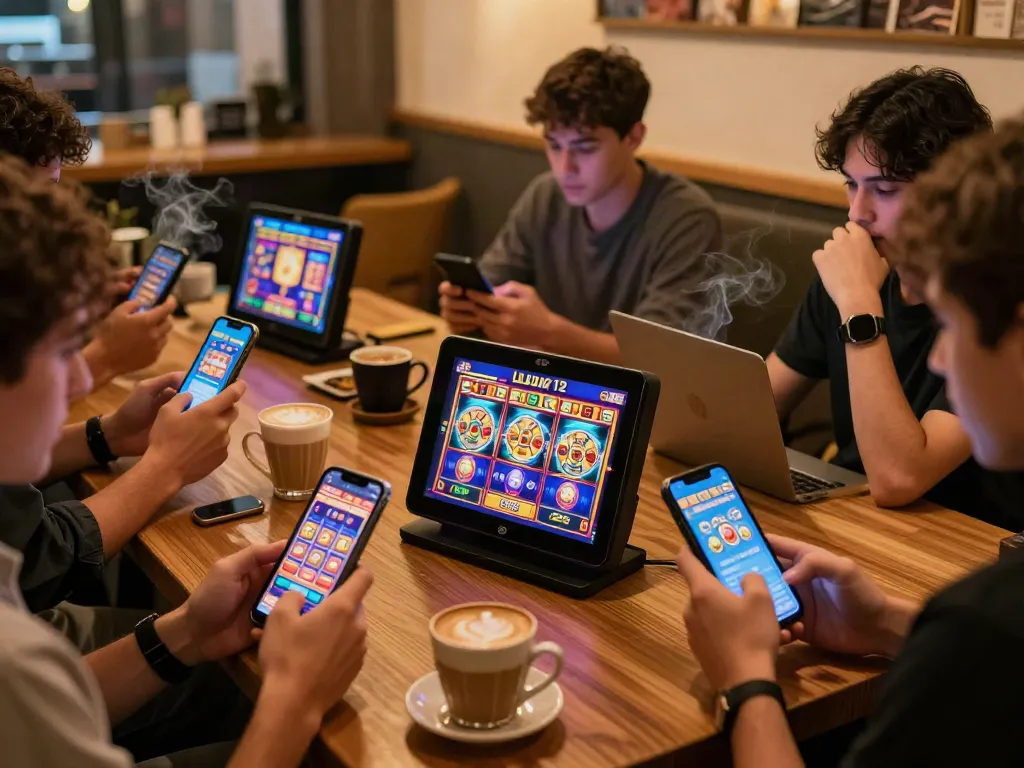 Players enjoying luxury12 slot games in a cozy coffee shop environment