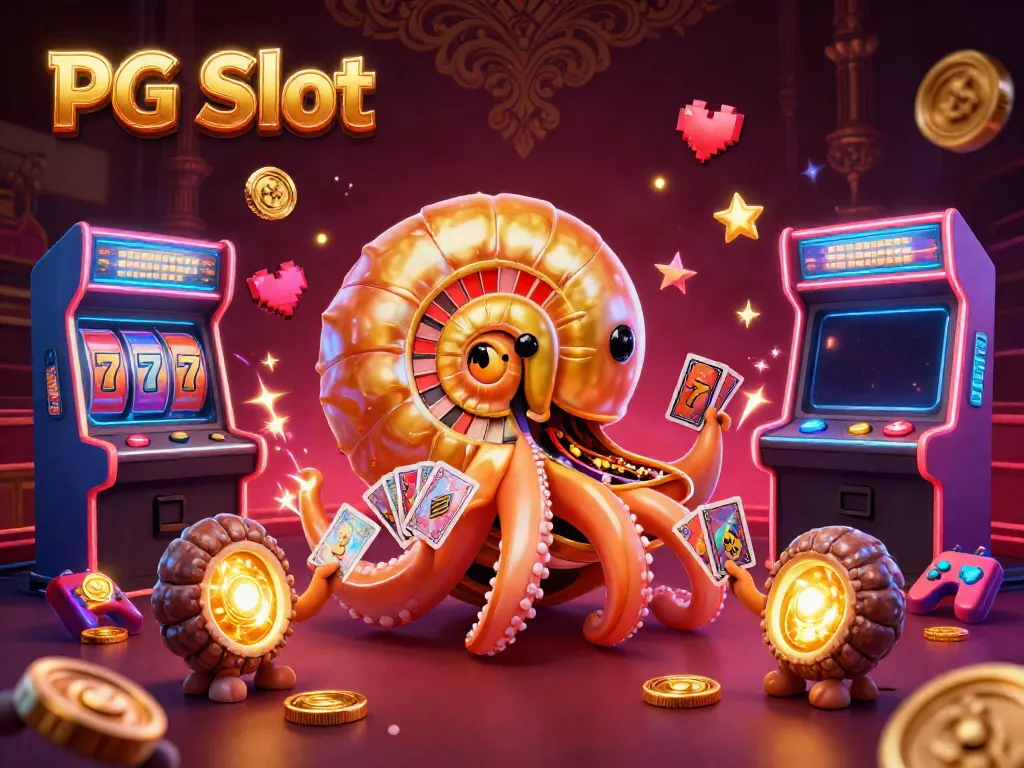 Play PG Slot with vibrant cartoon elements and exciting slot icons in a casino-themed illustration.