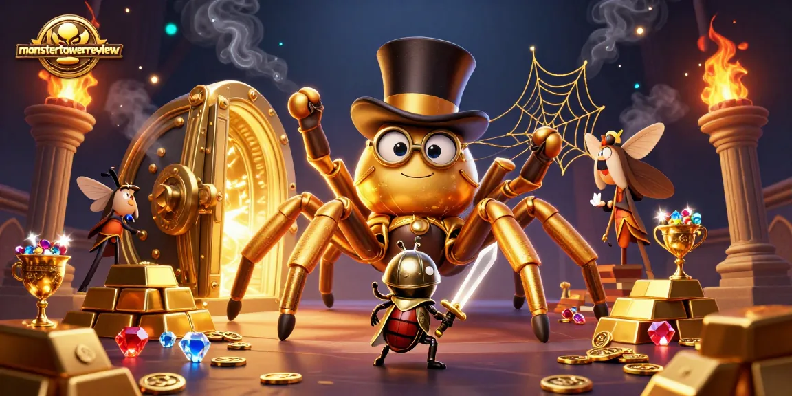 Engage in strategic gameplay with Monster Tower Review, showcasing treasures and characters in a dynamic casino-inspired scene.