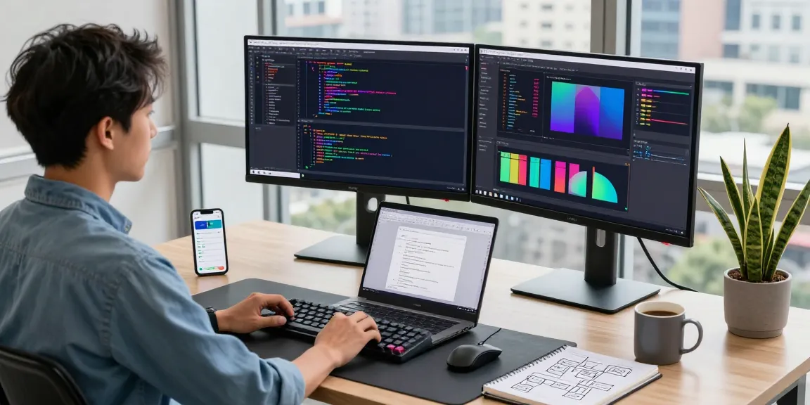 Developer in a modern workspace coding 纸飞机中文版 on multiple screens, showcasing a focused tech environment.
