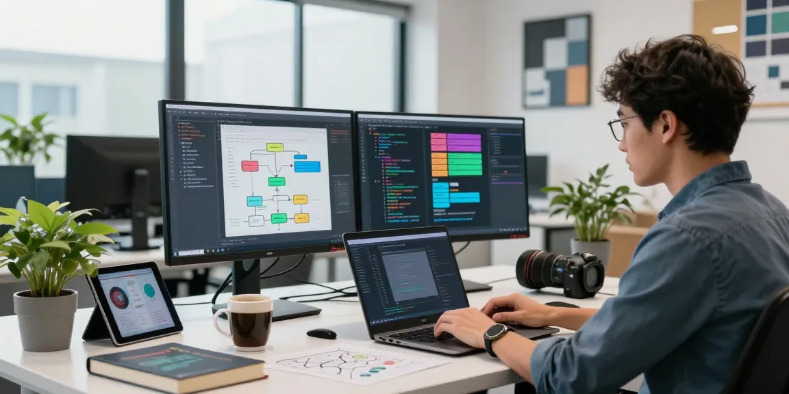 Professional workspace depicting the wps下载 process with a developer coding efficiently, highlighting a modern office environment.
