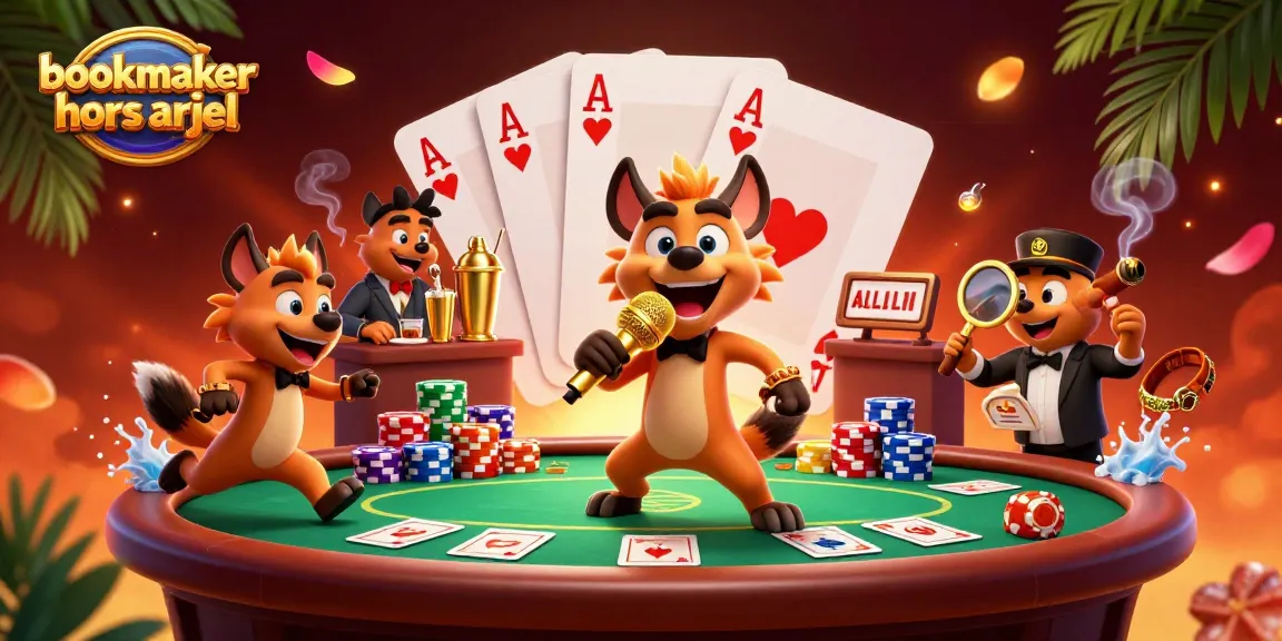 Les hyènes se moquent dans un club de casino, représentant le bookmaker hors arjel avec ambiance animée.