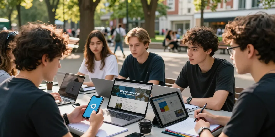 Group discussing telegram china FAQ in a lively park setting