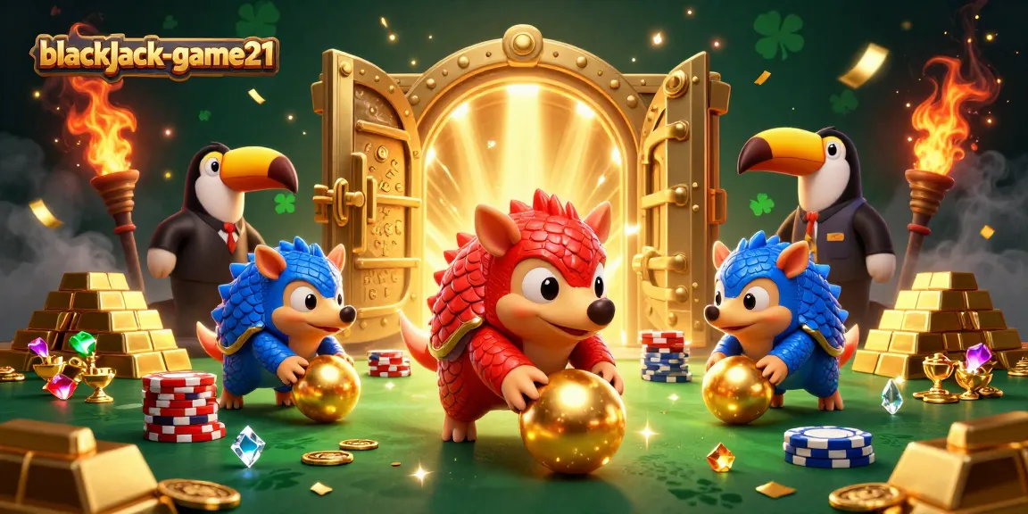 Play exciting games with blackjack-game21 featuring competitive pangolins, poker chips, and golden treasures.