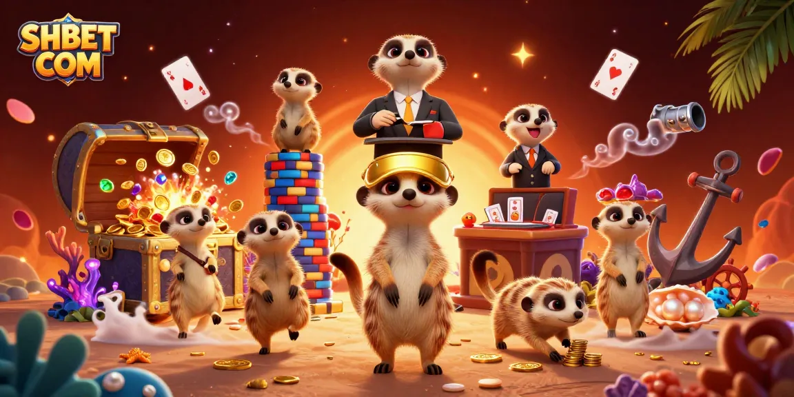 Engage with thrilling games at SHBET COM, highlighted by a lively meerkat casino scene.