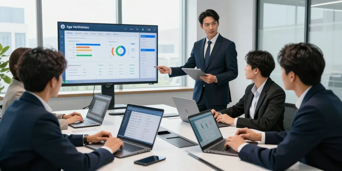 Collaborative team discussing an age verification system in a modern conference room, showcasing real-time analytics and compliance.