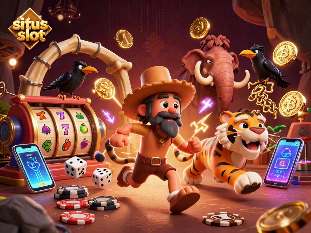 Experience the excitement of situs slot with a lively caveman and tiger duo in a prehistoric casino.