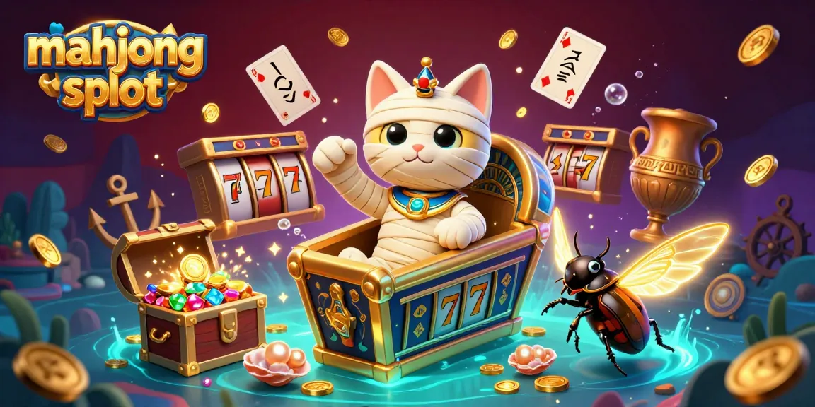 Experience the excitement of mahjong slot with a dynamic 3D illustration featuring vibrant casino elements and a captivating cat mummy.