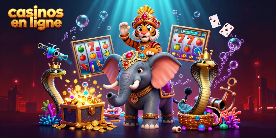 Jouez aux casinos en ligne avec ce tigre maharaja sur un éléphant, entouré de trésors et de symboles de machines à sous.