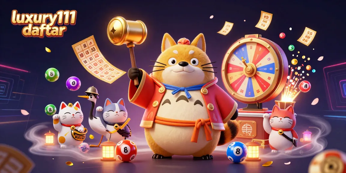 Engage with luxury111 daftar in a vibrant digital casino world, featuring a joyful tanuki and luck-filled elements.