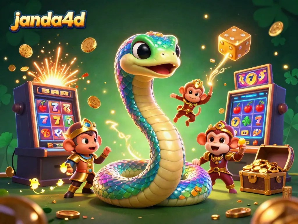 Gambarkan keseruan bermain di janda4d dengan slot dan simbol keberuntungan yang mengelilingi karakter animasi ceria.