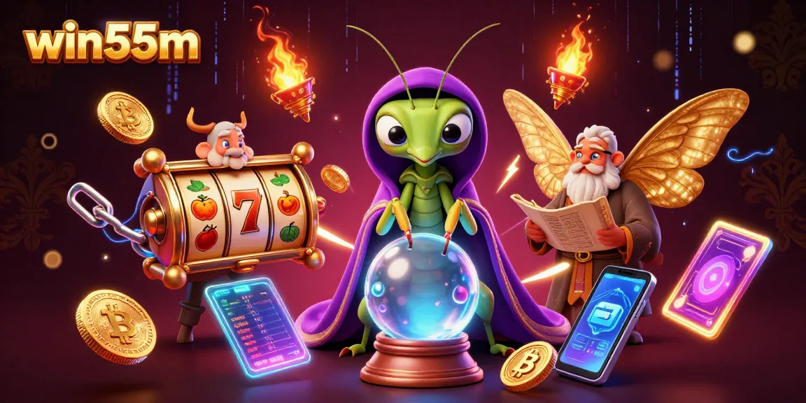 Experience the thrill of win55m with a vibrant illustration showcasing a dynamic casino scene filled with characters, games, and crypto elements.