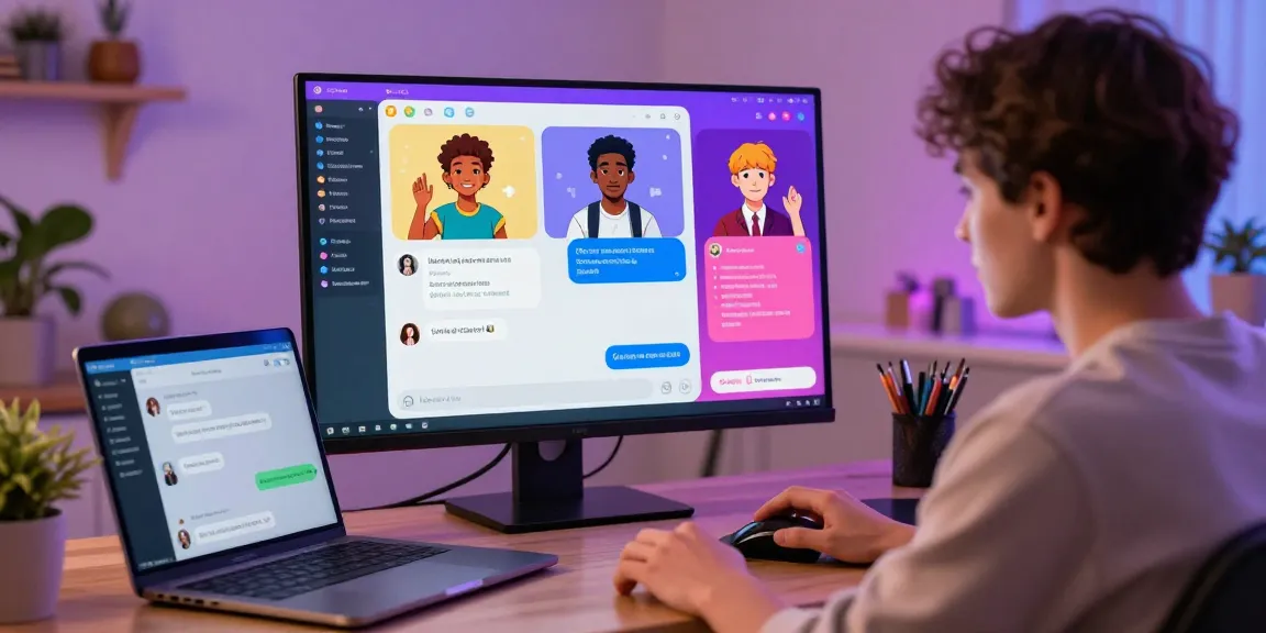 Interactive scene of a user engaging in nsfw ai chat with customizable characters in a vibrant home office.