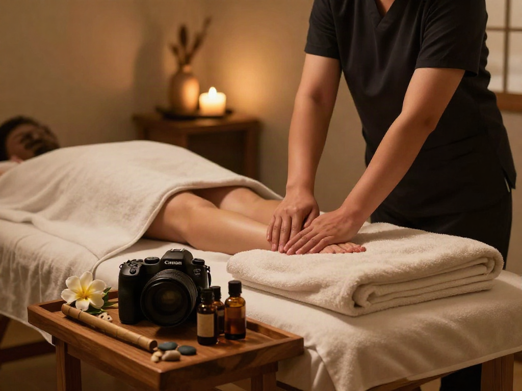 송파출장마사지 session setup featuring soothing oils, towels, and a serene atmosphere.