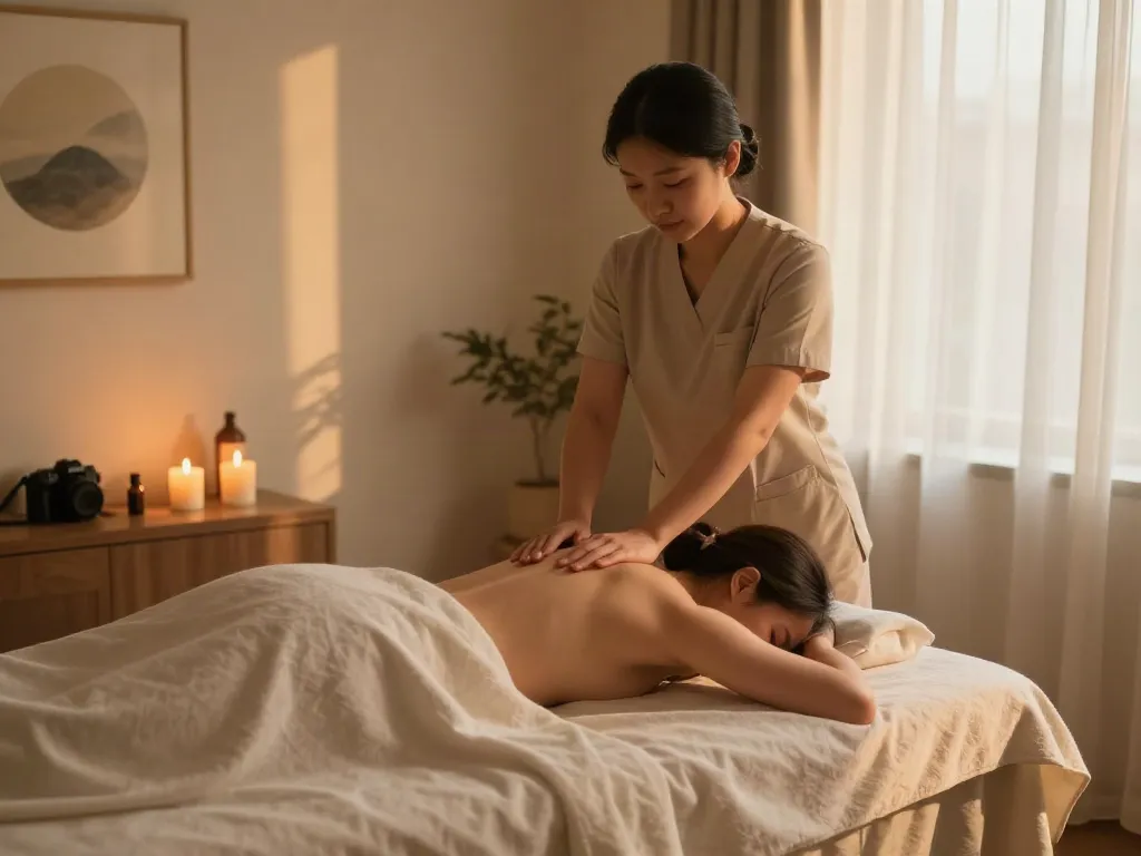 광명출장마사지 session in a tranquil home setting with warm lighting and calming decor