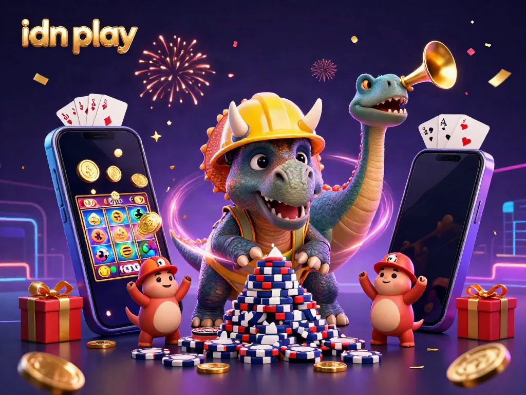 Engage in gaming excitement with idn play and a lively 3D casino scene featuring poker chips and slot games.