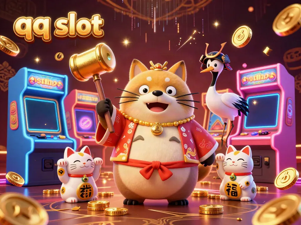 Enjoy thrilling QQ Slot action with a joyful tanuki surrounded by vibrant casino elements and lucky symbols.