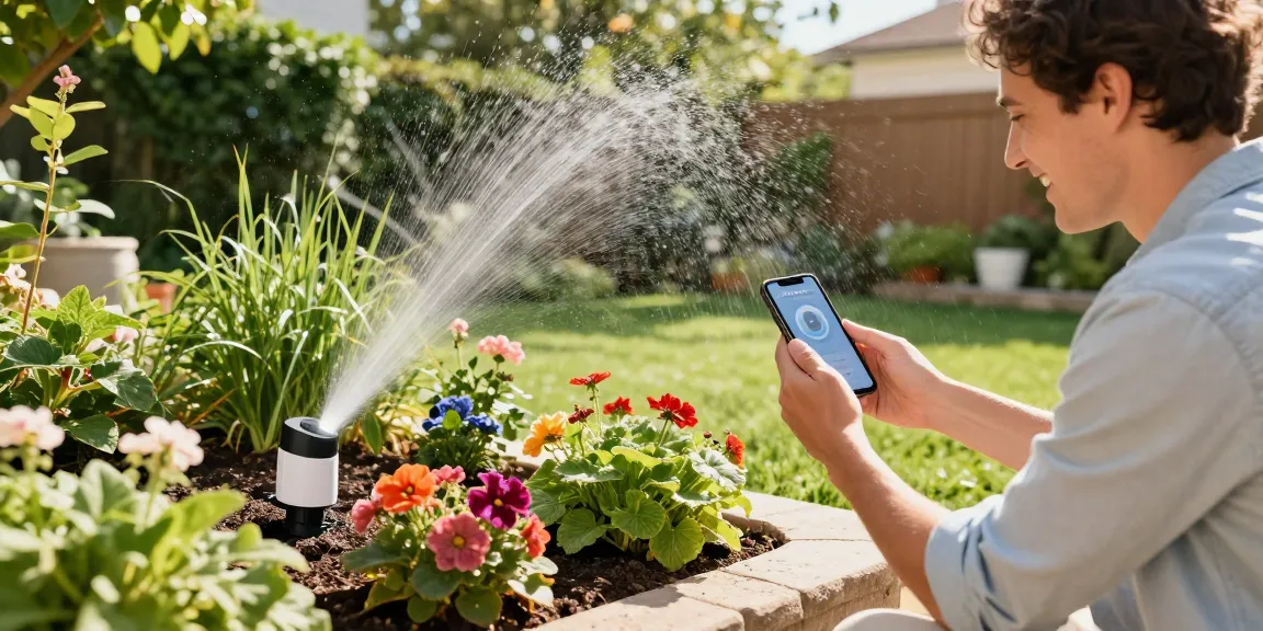 Homeowner joyfully setting up the RainPoint smart sprinkler controller amidst vibrant gardens, demonstrating smart irrigation.