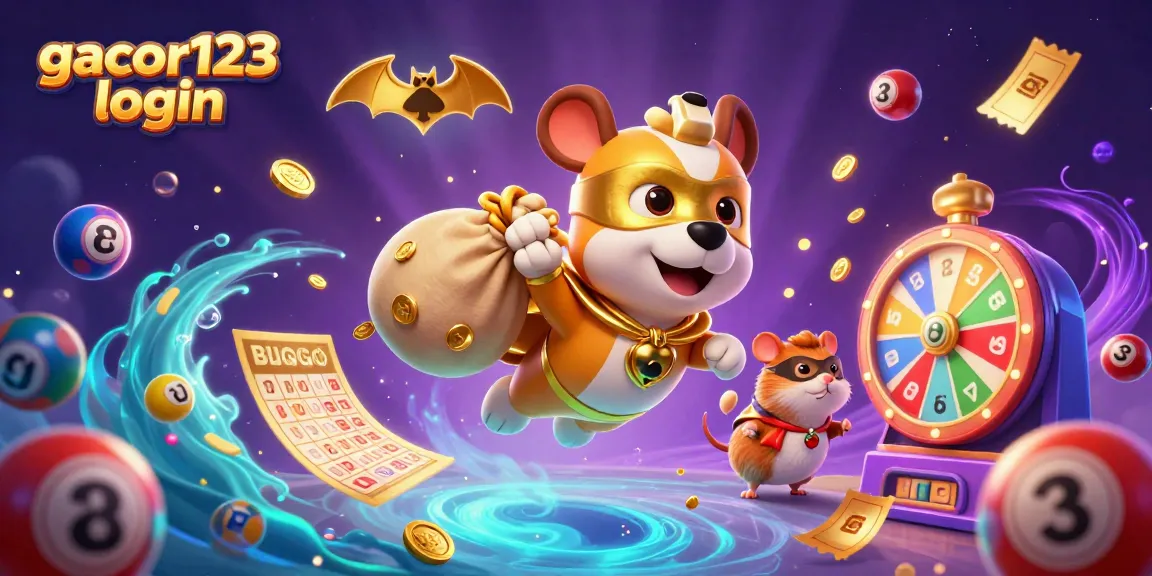 Experience the thrill of gacor123 login with our cartoon superhero dog flying through a rich casino scene.