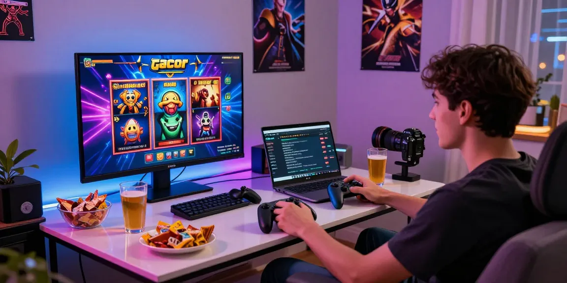 Engaging player enjoying slot gacor games on a large screen in a vibrant living room, showcasing an exciting online gaming experience.