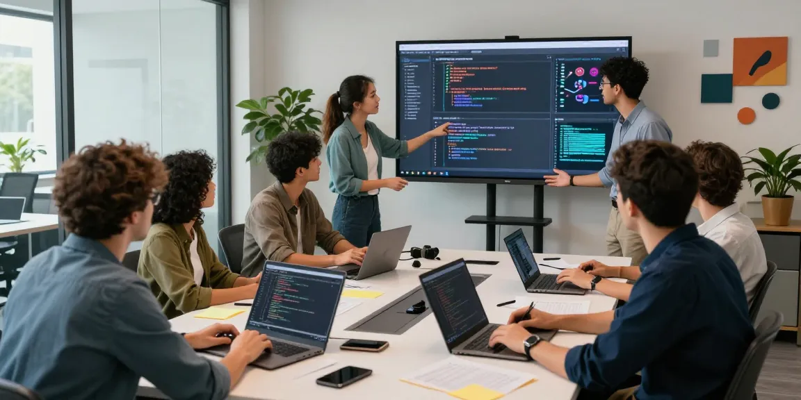 Collaborative workspace scene at telegramin-cn.com with a software developer team discussing code and design in a modern office.