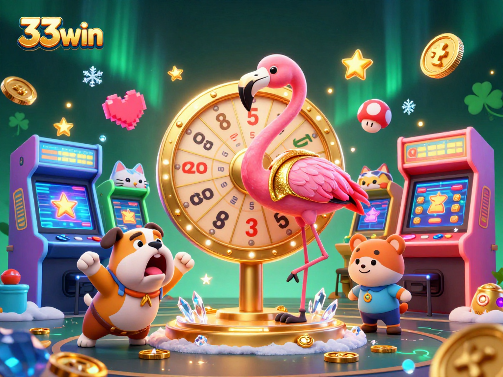 Engage with 33win's thrilling casino experience, featuring a flamingo host and colorful game elements.