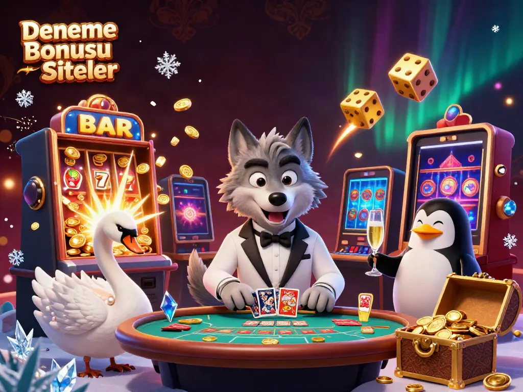 Engage with Deneme Bonusu Veren Siteler in a vibrant casino scene featuring a wolf, swan, and penguin amidst dynamic game elements.